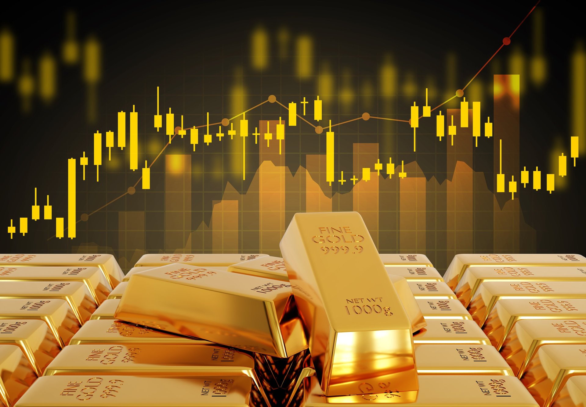 Gold bars with stock chart